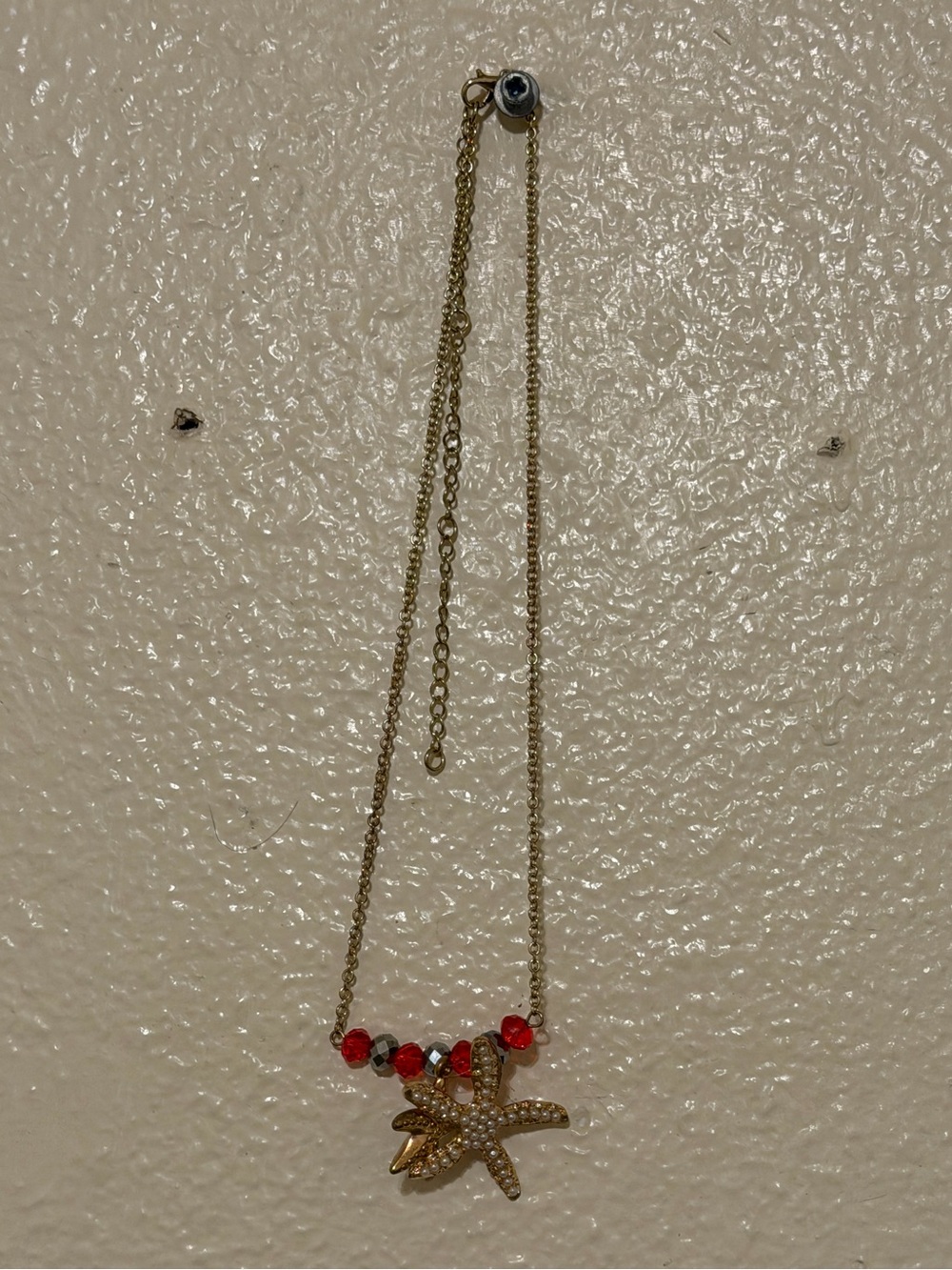 Gold Starfish Pendant Necklace with Red Beads 1/1